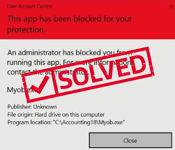 myob - this app has been blocked for your protection